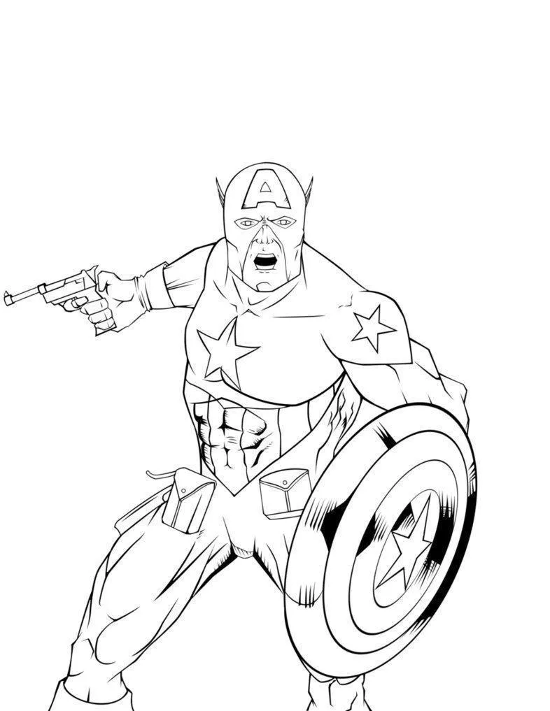 Desenho de contorno do Capitão América segurando o escudo com uma mão e um acessório tático na outra, vestindo uniforme com cinto de utilidades.