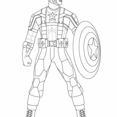 Desenho de contorno do Capitão América em pé, em posição de guarda, com o escudo posicionado ao lado e uniforme detalhado.