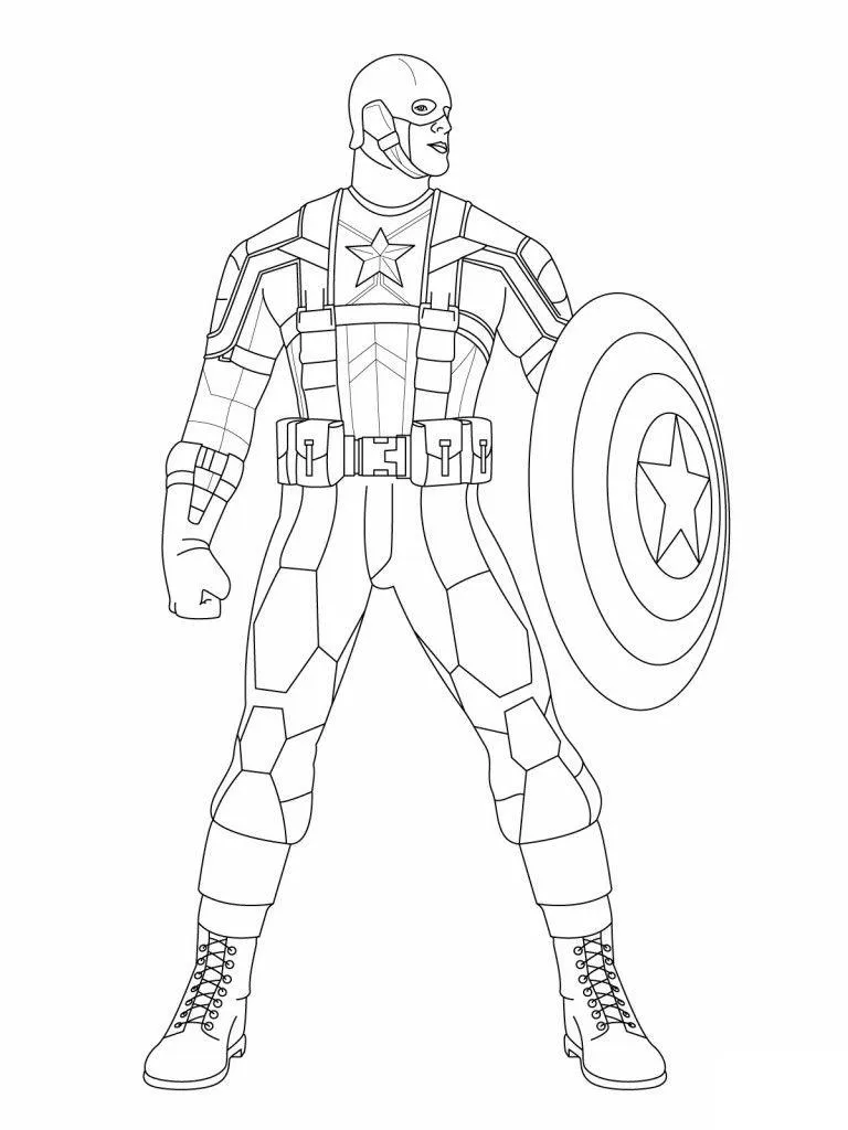 Desenho de contorno do Capitão América em pé, em posição de guarda, com o escudo posicionado ao lado e uniforme detalhado.