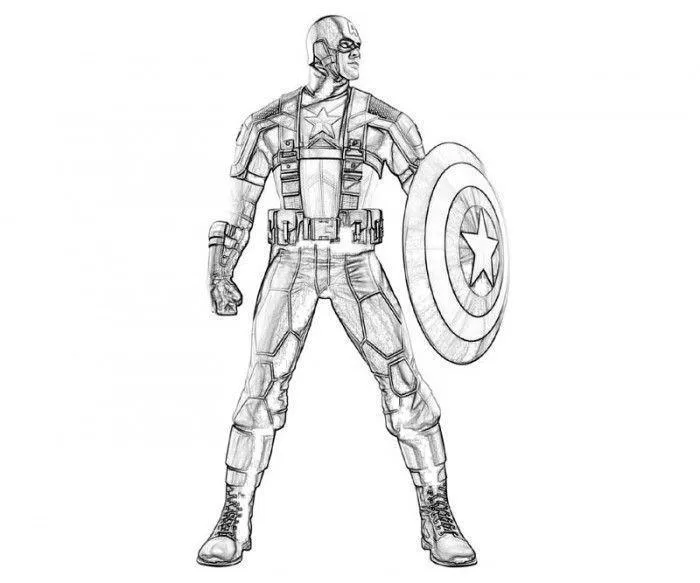 Desenho de contorno do Capitão América em pé, visto de frente, com o escudo no braço esquerdo e uniforme tático detalhado com hachuras.