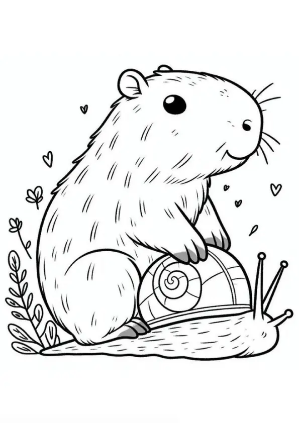 Desenho de contorno de uma capivara fofa sentada em cima de um caracol grande; pequenos corações e ramos de plantas decoram o fundo.