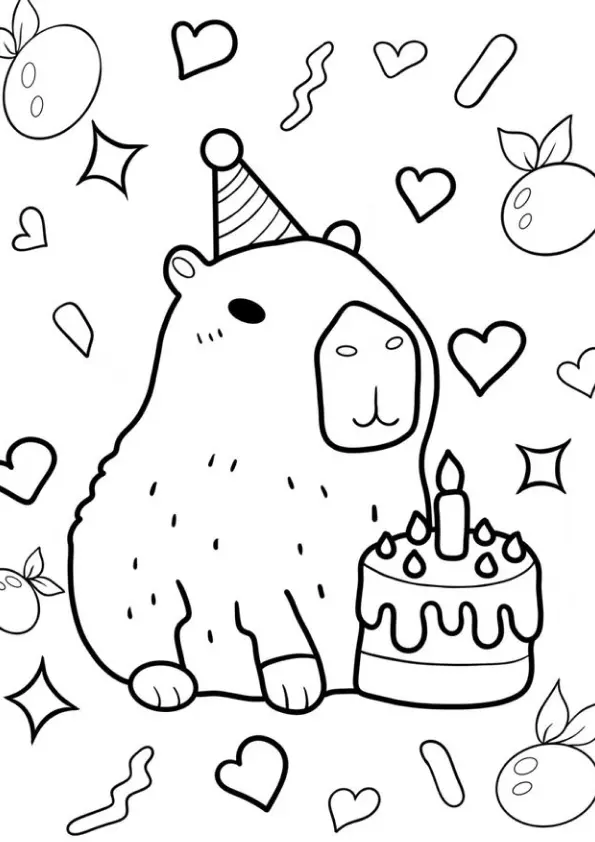 Desenho de contorno de uma capivara fofa usando um chapéu de festa listrado ao lado de um bolo confeitado com uma vela acesa; o fundo tem corações e brilhos.