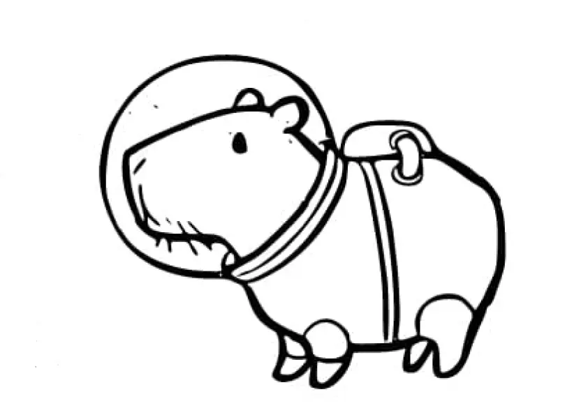 Desenho de contorno de uma capivara usando um traje de astronauta com mochila de oxigênio e um capacete esférico transparente.