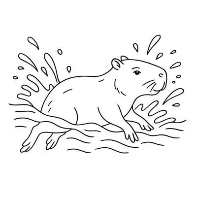 Desenho de contorno de uma capivara saltando ou correndo através da água, com gotas e ondas estilizadas espalhando-se para os lados.