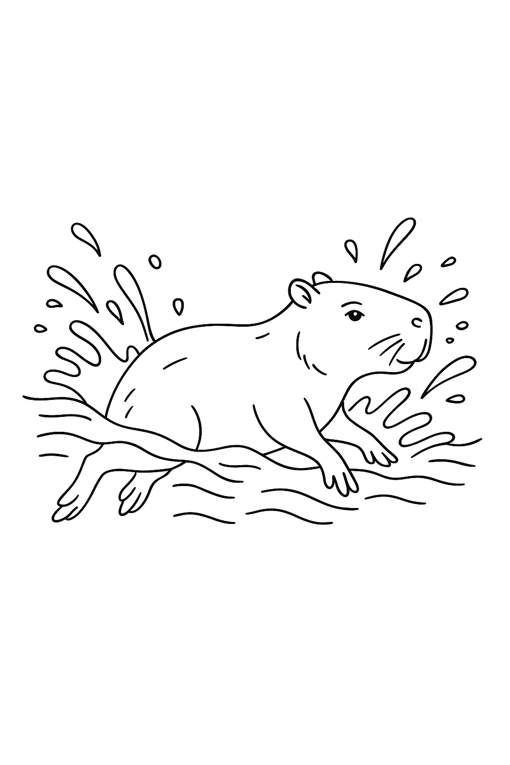 Desenho de contorno de uma capivara saltando ou correndo através da água, com gotas e ondas estilizadas espalhando-se para os lados.