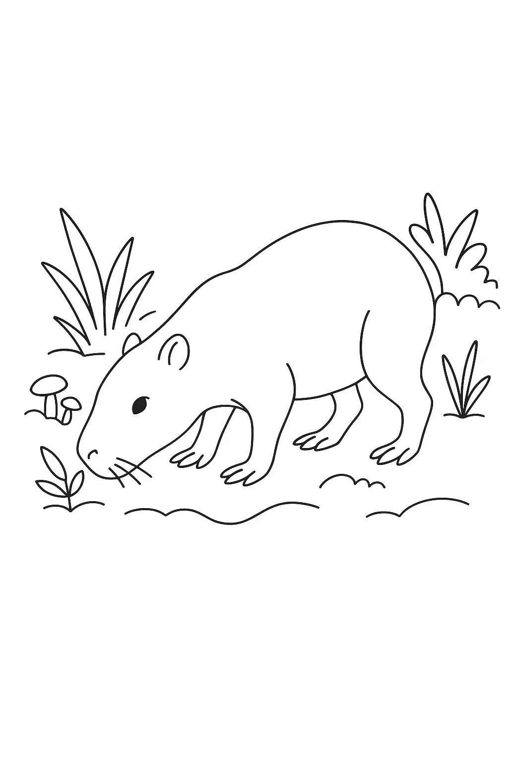 Desenho de contorno de uma capivara pastando, rodeada por grama, plantas altas e pequenos cogumelos no solo.