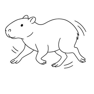 Desenho de contorno simples de uma capivara correndo, vista de perfil, com linhas de movimento atrás das patas e do corpo.