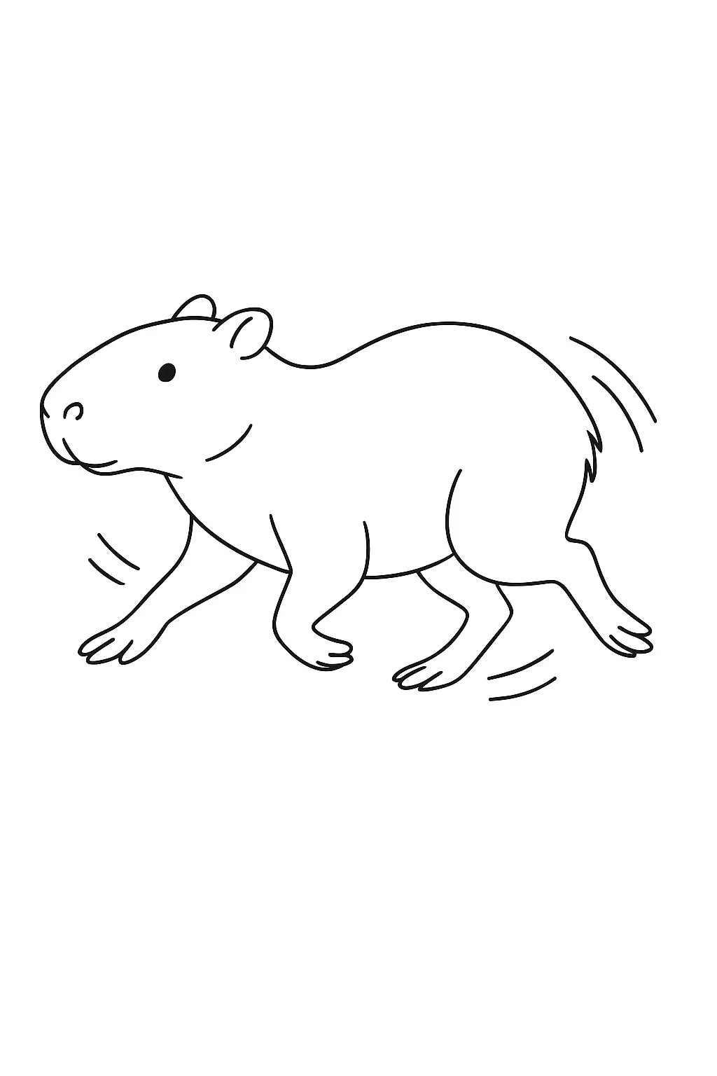 Desenho de contorno simples de uma capivara correndo, vista de perfil, com linhas de movimento atrás das patas e do corpo.