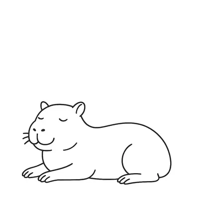 Desenho de contorno preto e branco de uma capivara deitada de bruços, com as patas recolhidas e olhos fechados em sinal de sono.