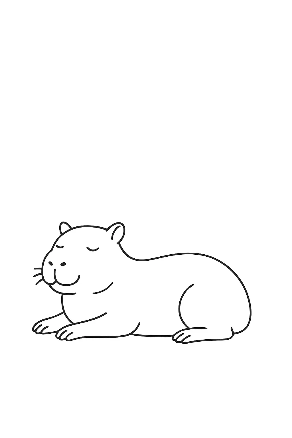 Desenho de contorno preto e branco de uma capivara deitada de bruços, com as patas recolhidas e olhos fechados em sinal de sono.