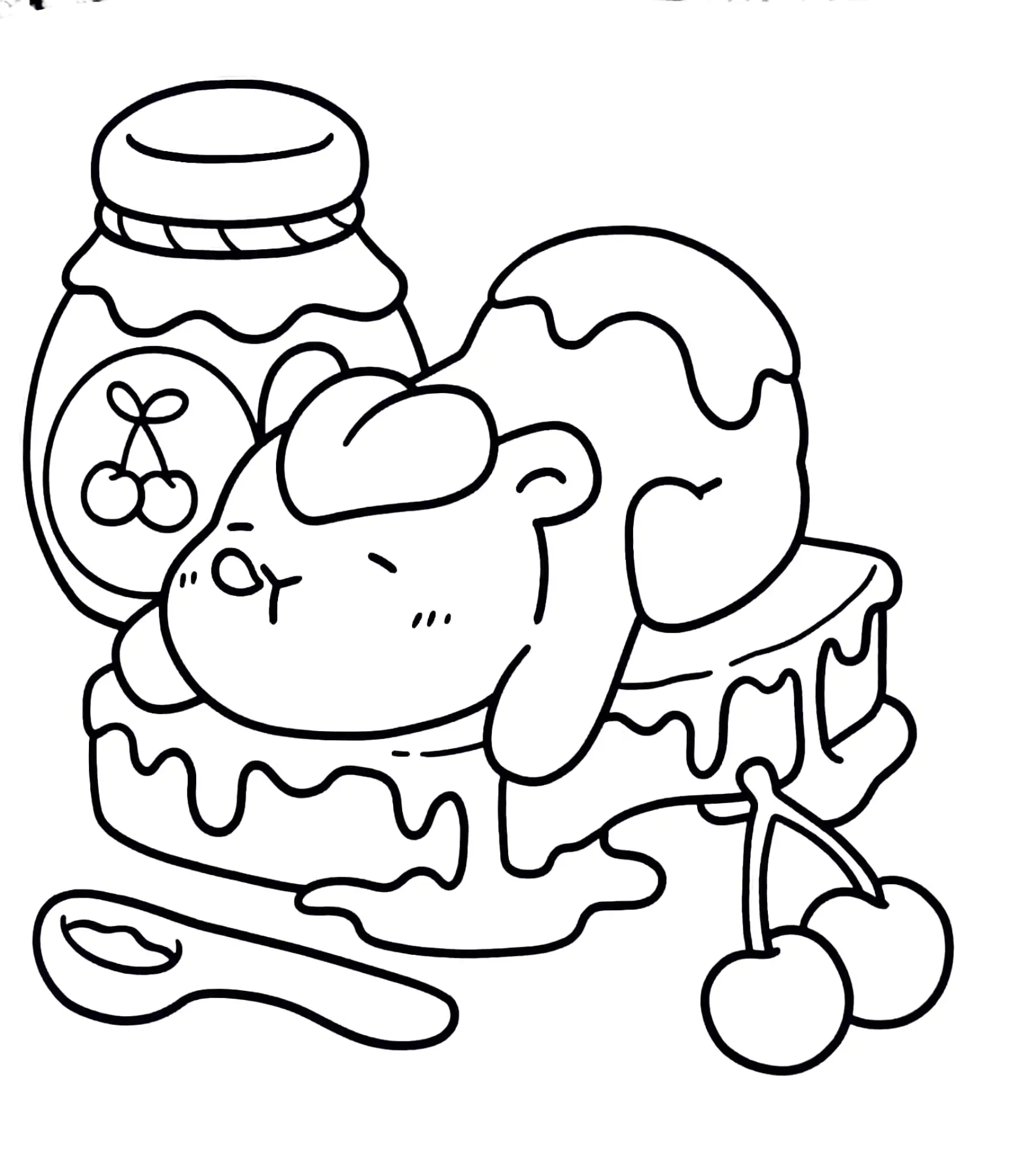 Desenho de contorno de uma capivara deitada sobre um doce com cobertura escorrendo; ao lado há um pote de geleia com desenho de cerejas e uma colher.