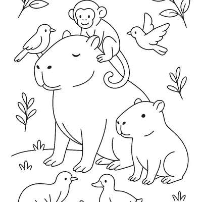 Amizade na Floresta: Desenho de Capivara e Seus Amigos para Colorir