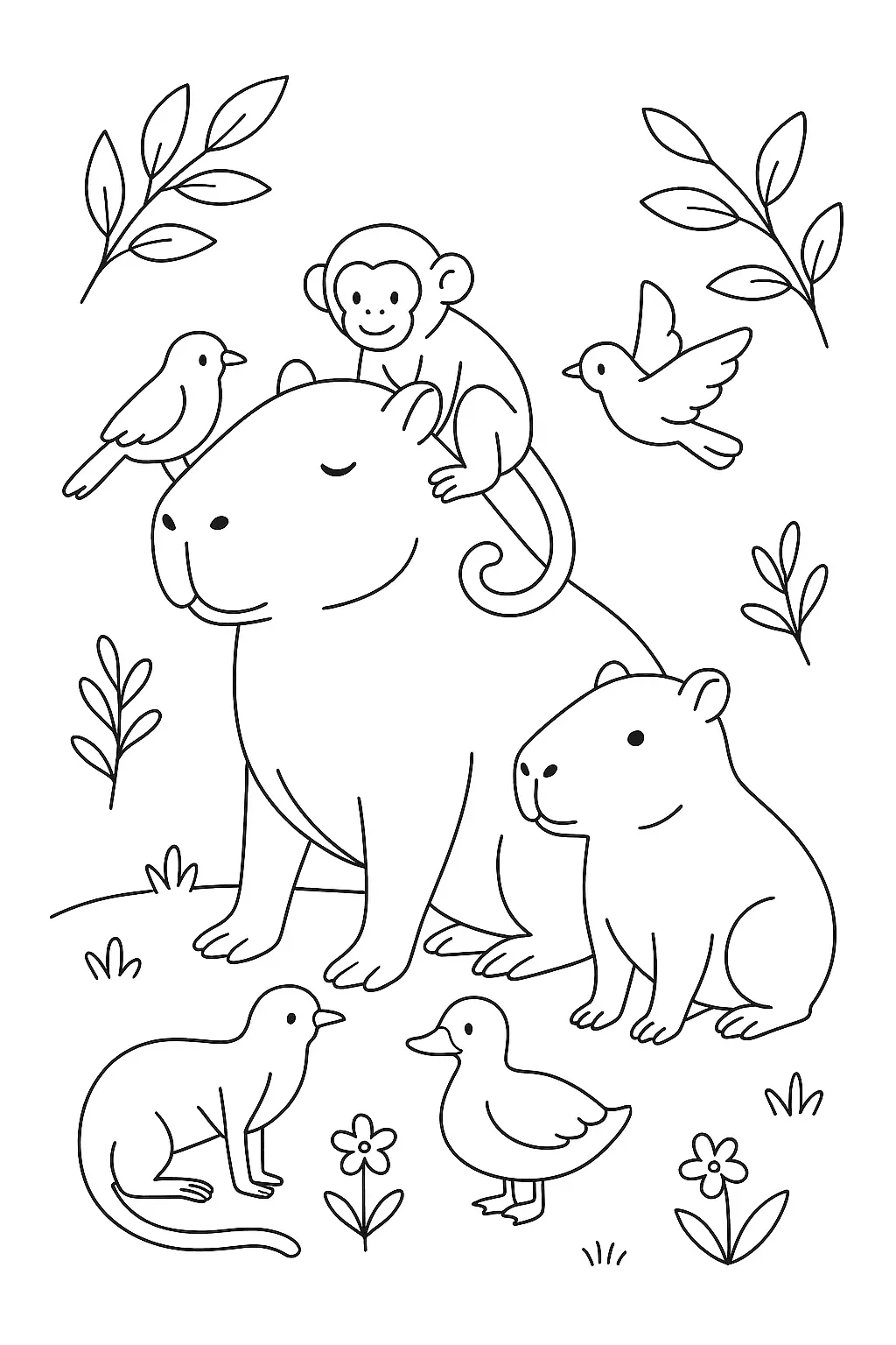 Desenho de contorno de uma capivara grande com um macaquinho nas costas, acompanhada por pássaros, um pato e uma pequena ariranha em um jardim.