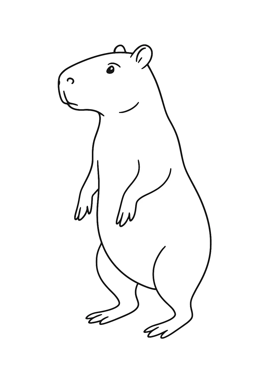 Desenho de contorno de uma capivara em pé sobre as patas traseiras, com as patas dianteiras recolhidas, olhando para o lado.