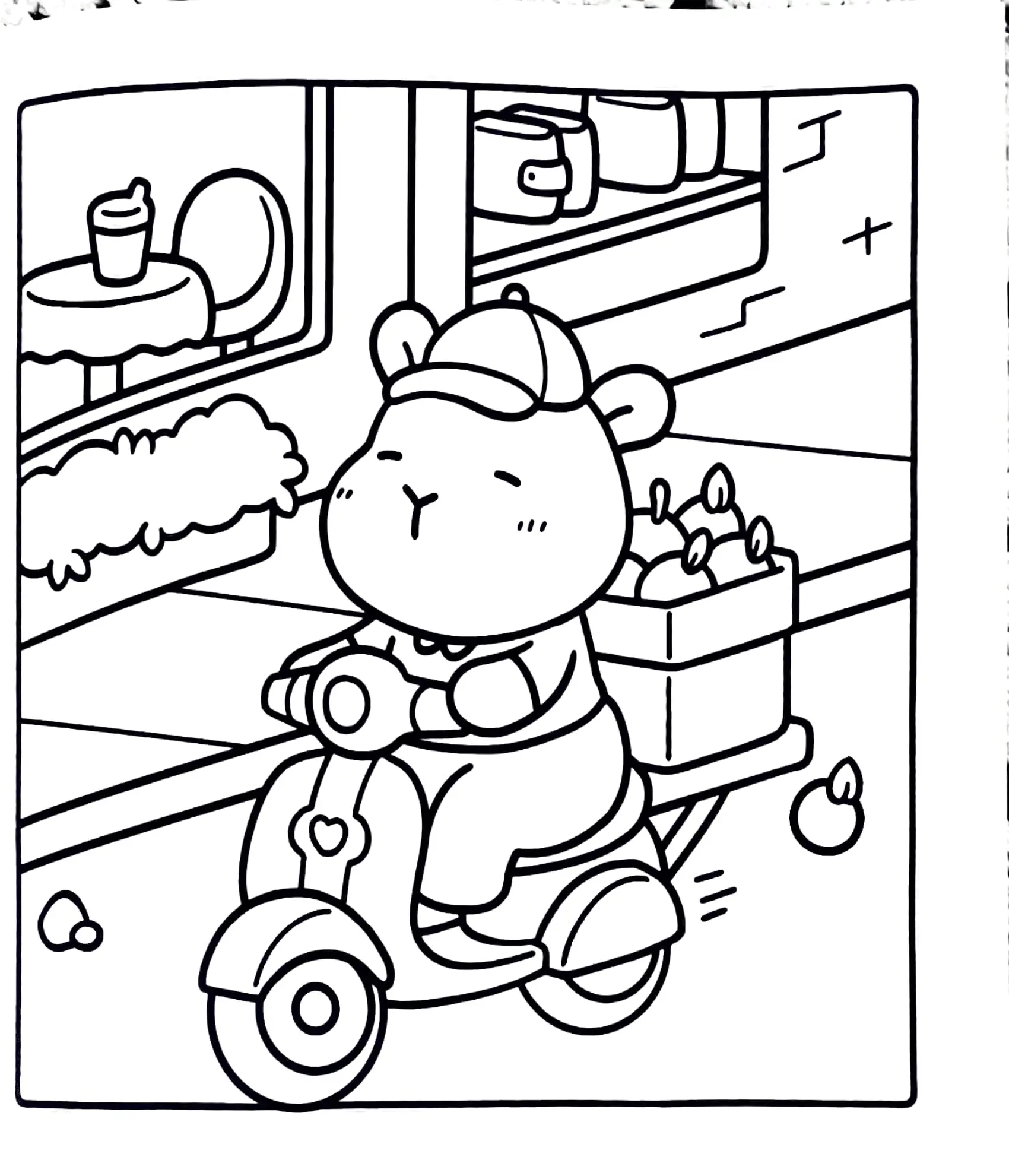 Desenho de contorno de uma capivara usando boné, pilotando uma scooter com o símbolo de um coração; na parte de trás há uma caixa cheia de maçãs.