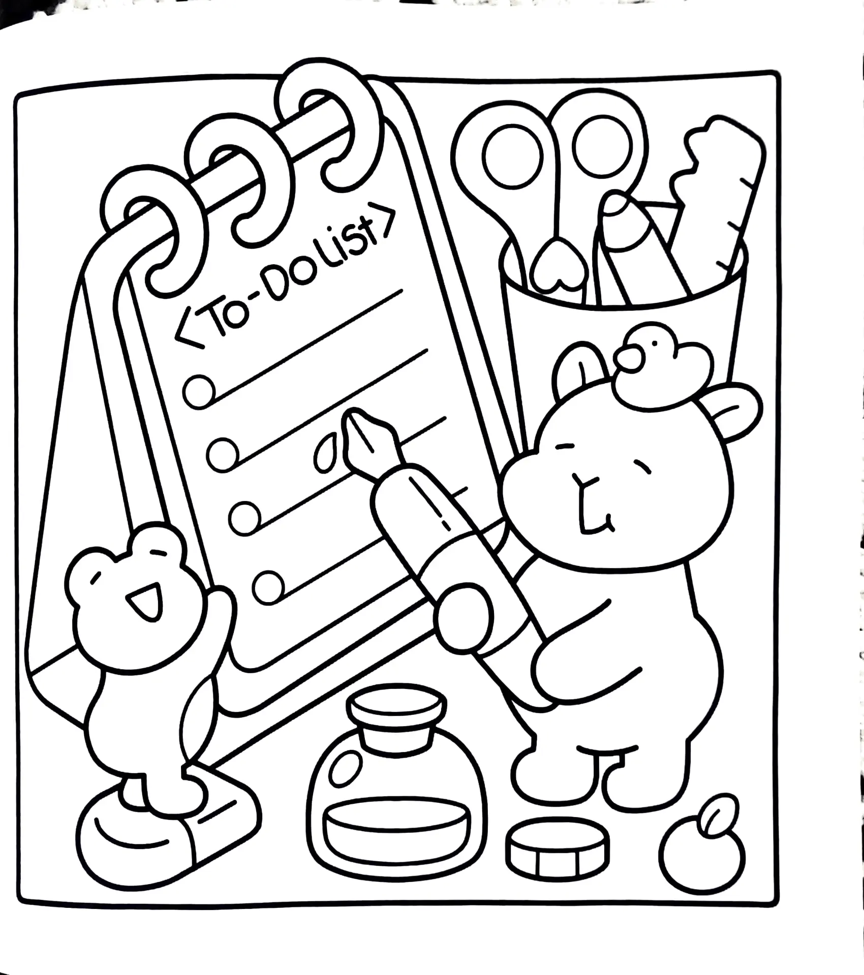 Desenho de contorno de uma capivara segurando uma caneta tinteiro grande e escrevendo em um bloco de notas com o título "To-Do List"; um sapinho observa ao lado de materiais escolares.