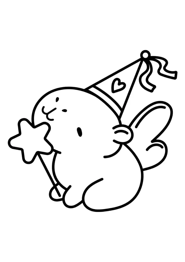 Desenho de contorno de uma pequena capivara fada sentada, usando um chapéu cônico com coração, asas de fada e segurando uma varinha com uma estrela na ponta.