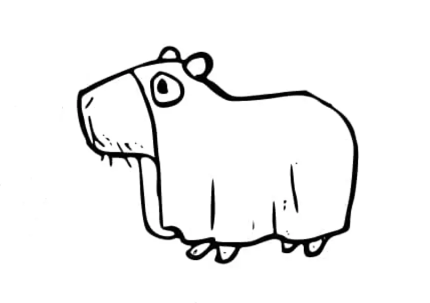 Desenho de contorno simples de uma capivara coberta por um lençol de fantasma, deixando apenas o focinho e os olhos de fora.