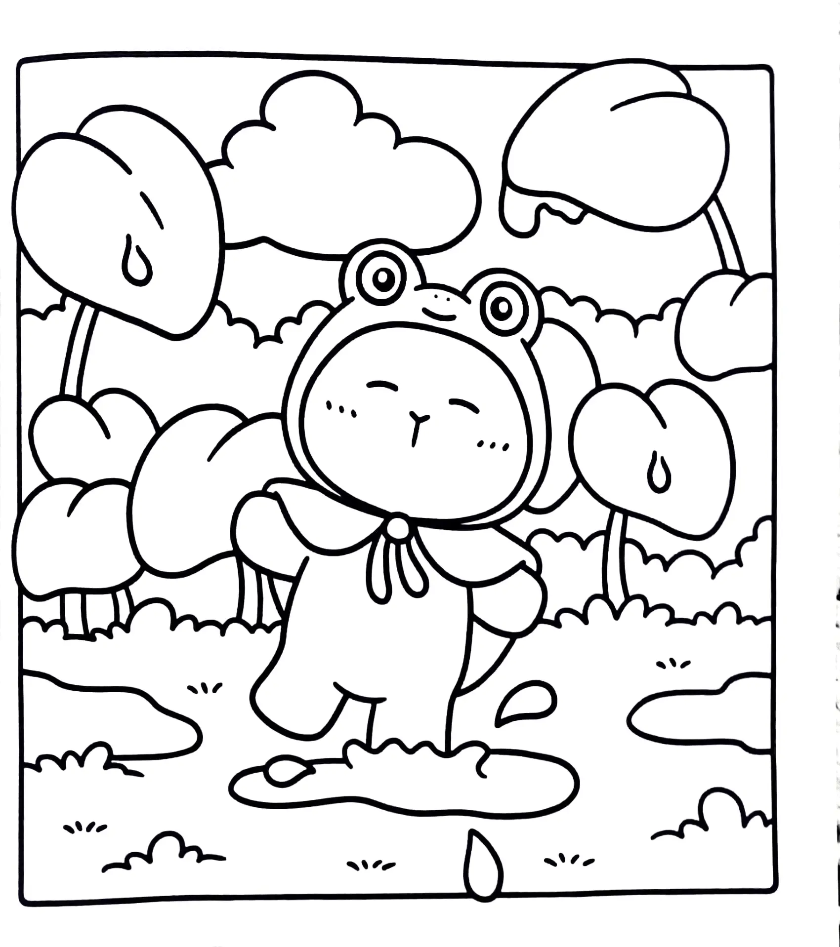 Desenho de contorno de uma capivara fofa usando uma capa de chuva com capuz de rosto de sapo, pisando em uma poça de água cercada por folhas grandes e nuvens.