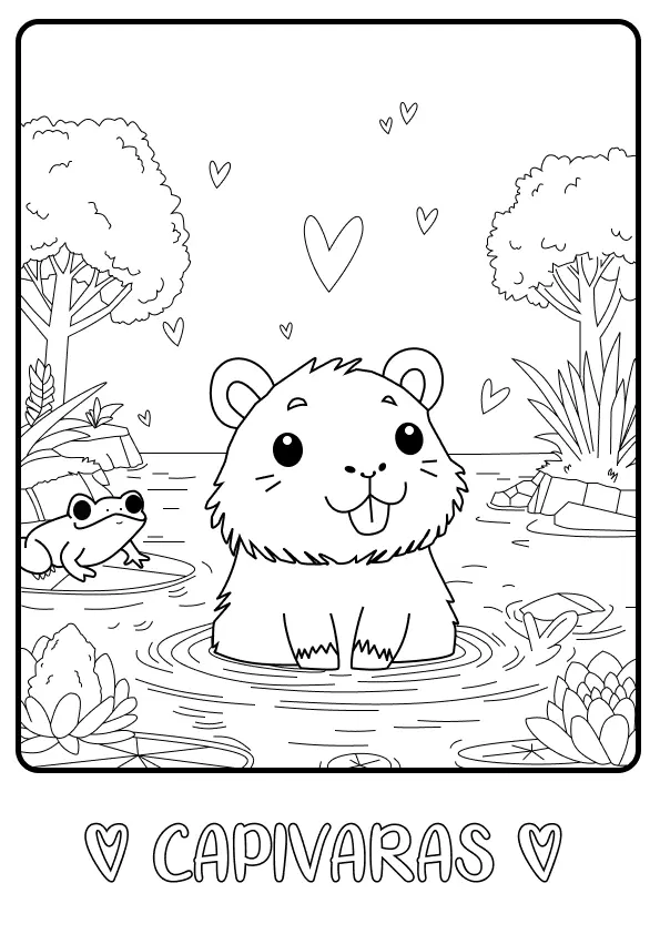 Desenho de contorno de uma capivara saindo da água com a língua para fora, um sapo em uma folha ao lado e árvores ao fundo.