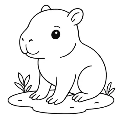 Desenho de contorno de um filhote de capivara com traços arredondados, olhos grandes e brilhantes, sentado de perfil sobre um canteiro.