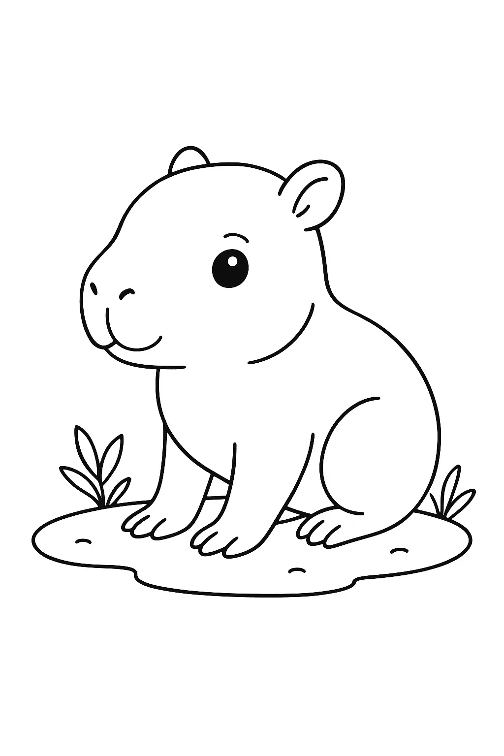 Desenho de contorno de um filhote de capivara com traços arredondados, olhos grandes e brilhantes, sentado de perfil sobre um canteiro.