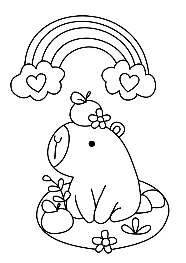 Desenho de contorno de uma capivara sentada com uma maçã e flor na cabeça, sob um arco-íris que nasce de duas nuvens com corações.