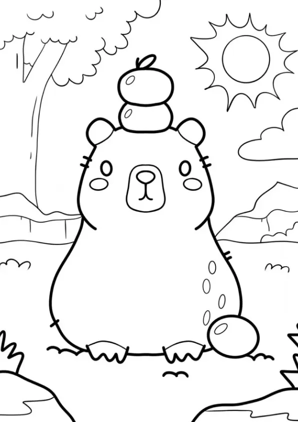Desenho de contorno de uma capivara sentada de frente com duas laranjas empilhadas na cabeça, em um cenário com sol, nuvens e árvores.