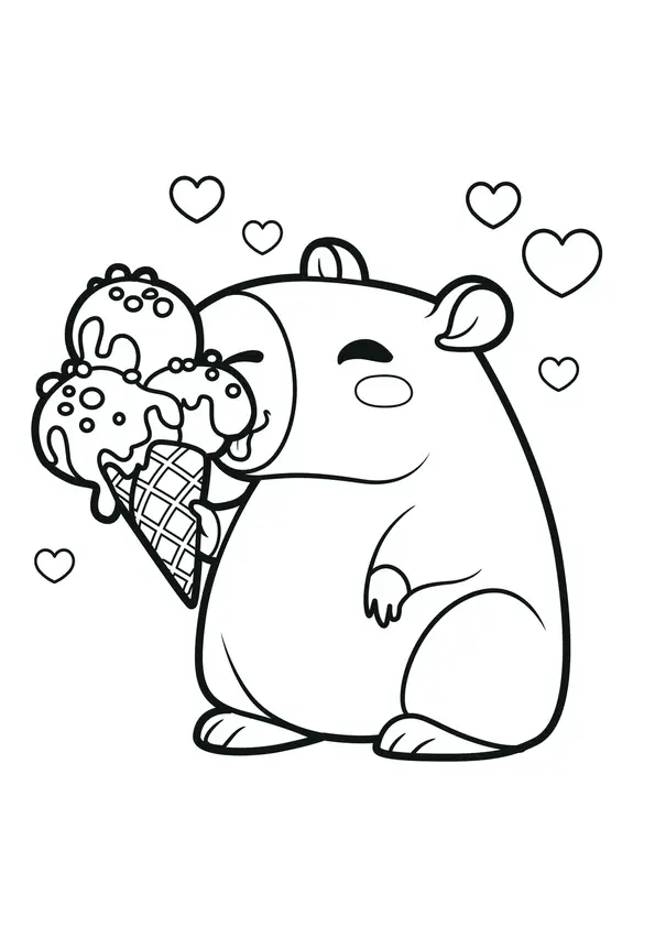 Desenho de contorno de uma capivara fofa com olhos fechados de felicidade, segurando uma casquinha de sorvete com três bolas cobertas por calda e corações ao redor.