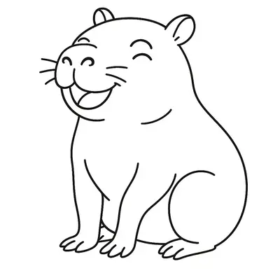 Desenho infantil de contorno de uma capivara sentada, sorrindo com os olhos fechados e exibindo pequenos bigodes.
