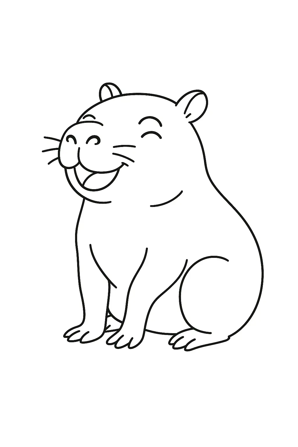 Desenho infantil de contorno de uma capivara sentada, sorrindo com os olhos fechados e exibindo pequenos bigodes.