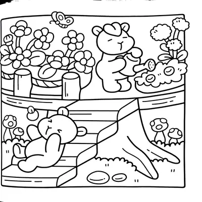 Desenho de contorno de duas capivaras em um jardim de dois níveis; a de cima rega flores com um regador e a de baixo descansa em uma escada perto de cogumelos.
