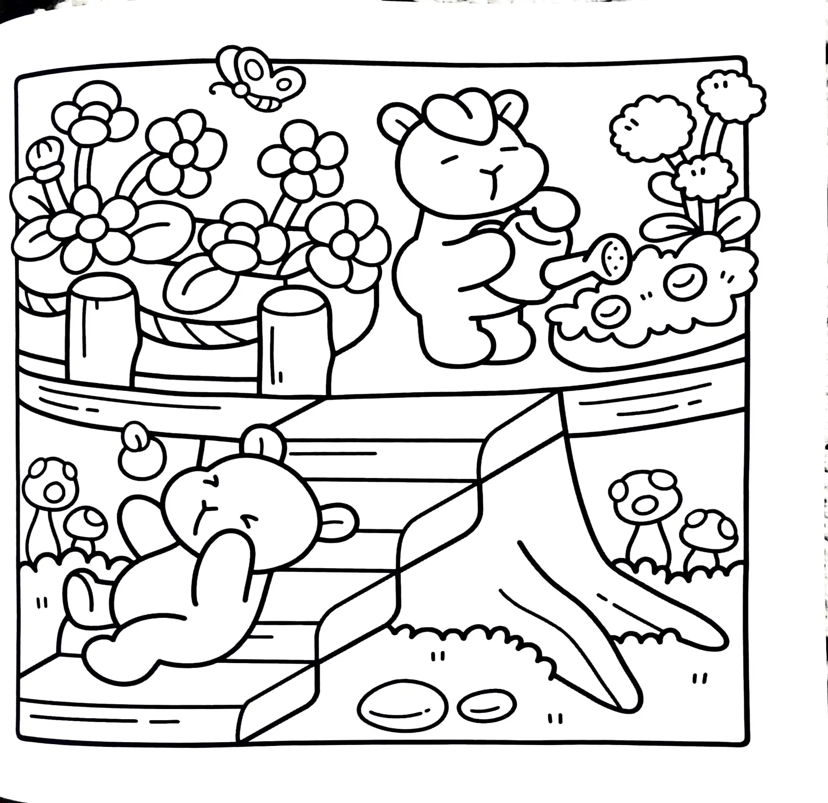 Desenho de contorno de duas capivaras em um jardim de dois níveis; a de cima rega flores com um regador e a de baixo descansa em uma escada perto de cogumelos.