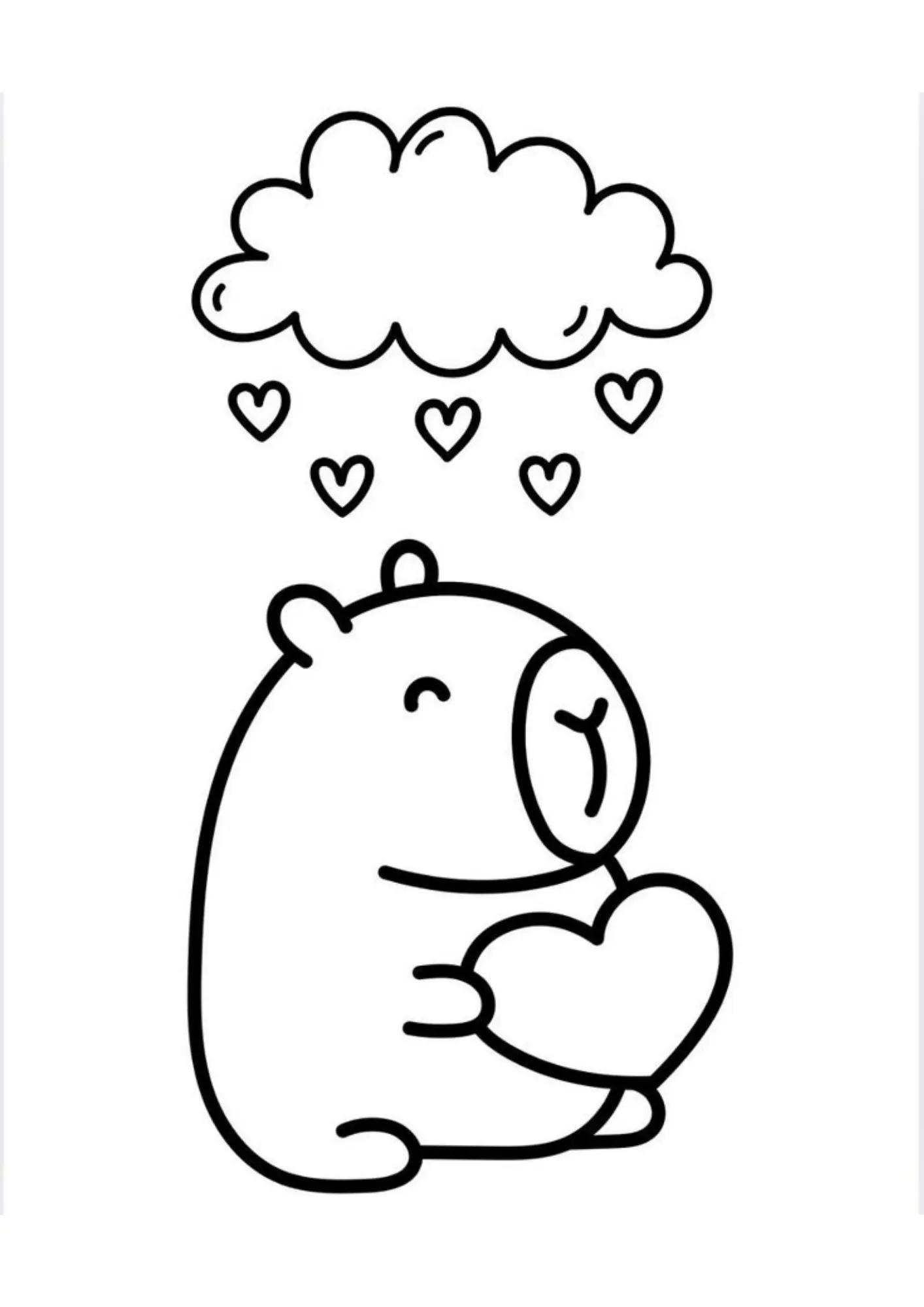 Desenho de contorno de uma capivara arredondada sentada segurando um coração grande, com uma nuvem acima dela soltando gotas em formato de coração.