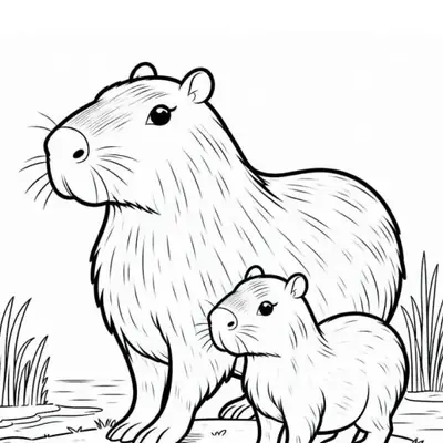 Amor de Natureza: Desenho de Capivara com Filhote para Colorir