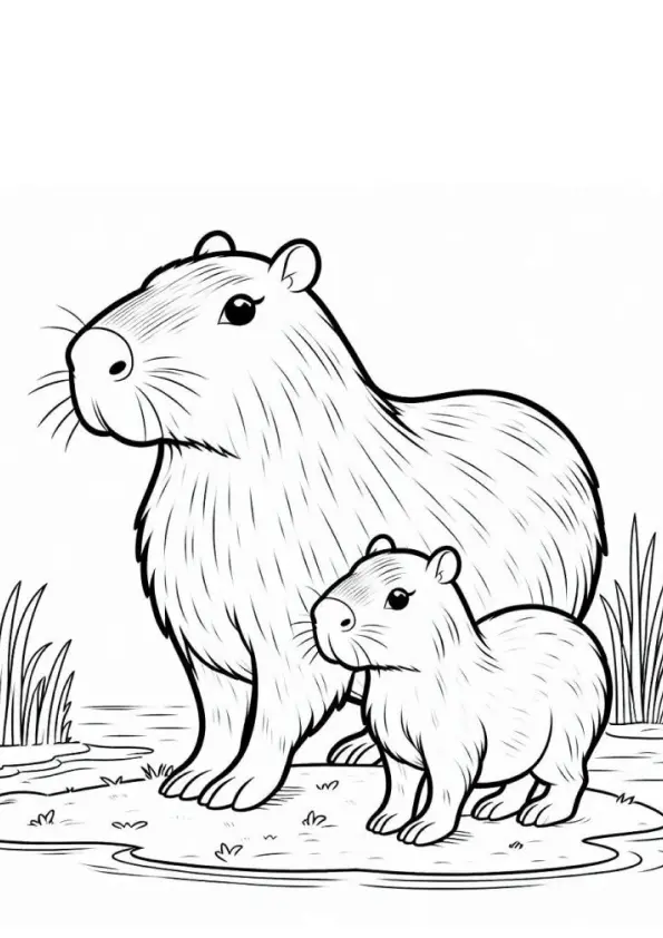 Desenho em preto e branco de uma capivara adulta ao lado de uma capivara filhote, ambas de perfil, em um cenário de rio com grama e água.
