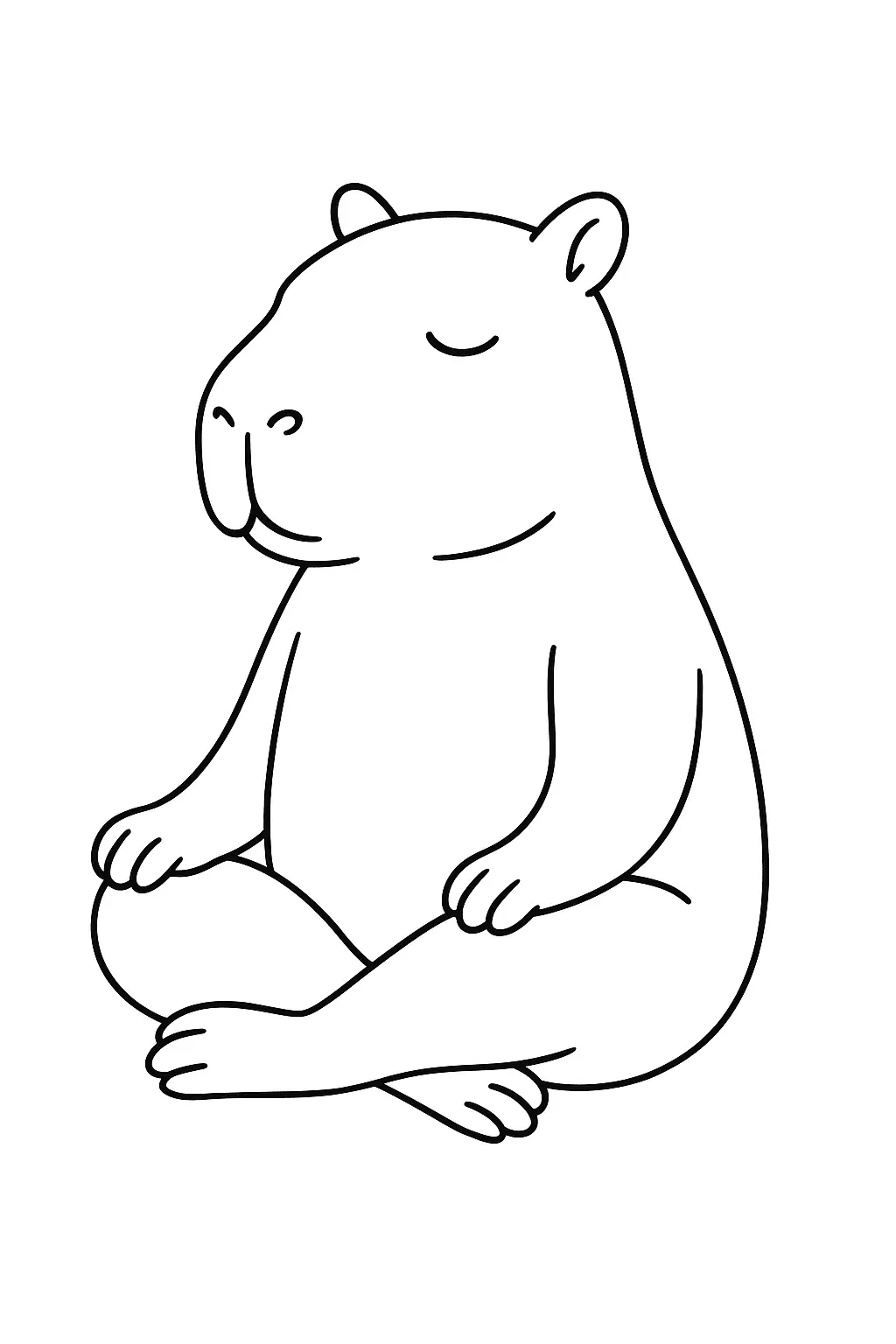 Desenho de contorno preto e branco de uma capivara sentada de pernas cruzadas, olhos fechados, em pose de meditação ou ioga.