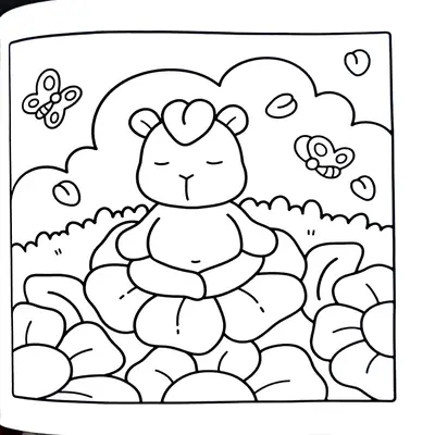 Desenho de contorno de uma capivara fofa sentada em posição de meditação sobre uma flor, com borboletas voando ao redor e arbustos ao fundo.