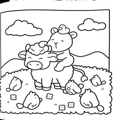 Desenho de contorno de uma capivara sentada nas costas de uma vaca peludinha; a capivara tem um pequeno pato na cabeça e há cinco passarinhos ao redor no chão.