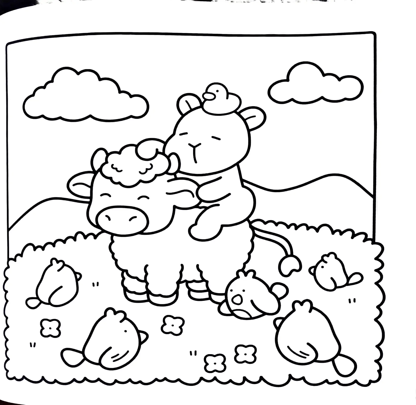 Desenho de contorno de uma capivara sentada nas costas de uma vaca peludinha; a capivara tem um pequeno pato na cabeça e há cinco passarinhos ao redor no chão.