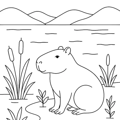 Cenário Natural: Desenho de Capivara no Lago para Colorir