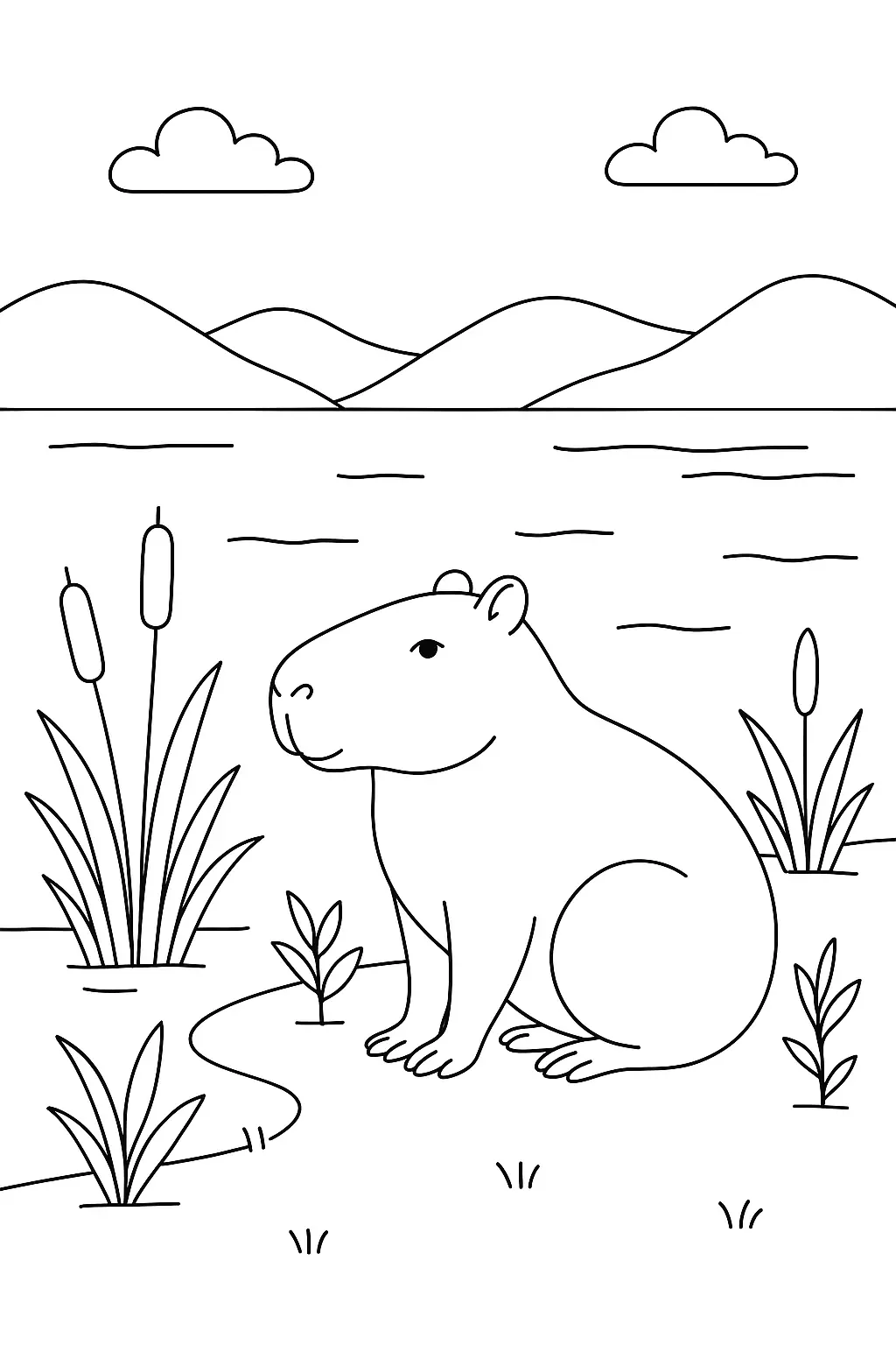 Contorno de uma capivara sentada de perfil na margem de um lago, com taboas, montanhas ao fundo e nuvens no céu.