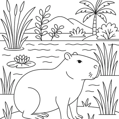 Desenho de contorno de uma capivara sentada na margem de um rio com uma palmeira, vitórias-régias na água, montanhas ao fundo e nuvens.