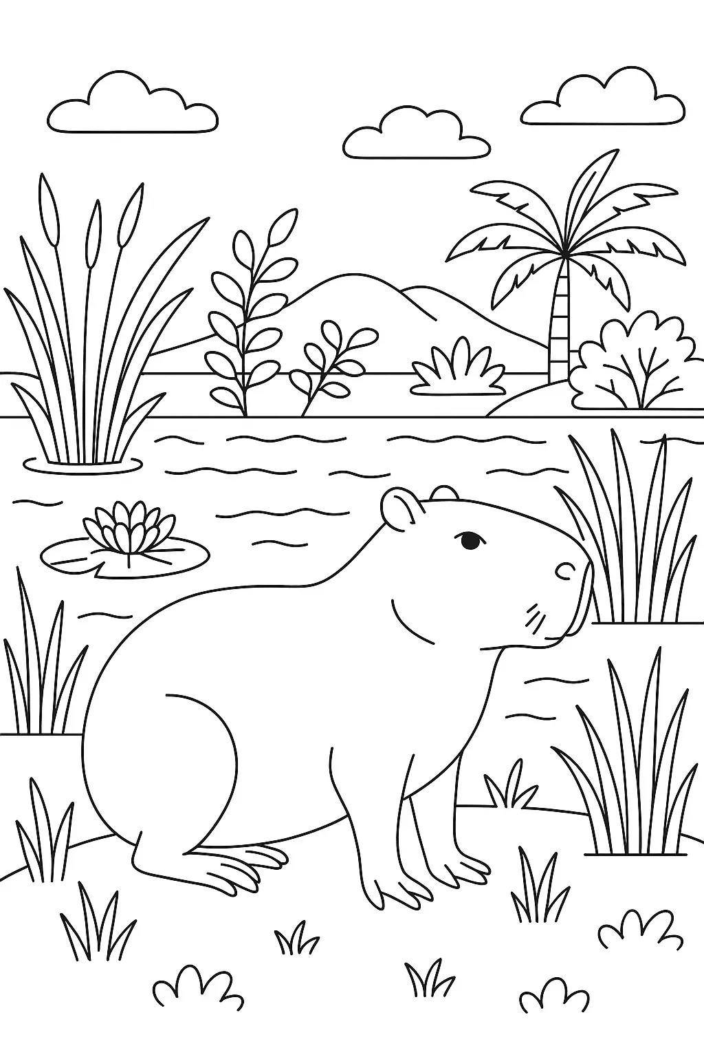Desenho de contorno de uma capivara sentada na margem de um rio com uma palmeira, vitórias-régias na água, montanhas ao fundo e nuvens.