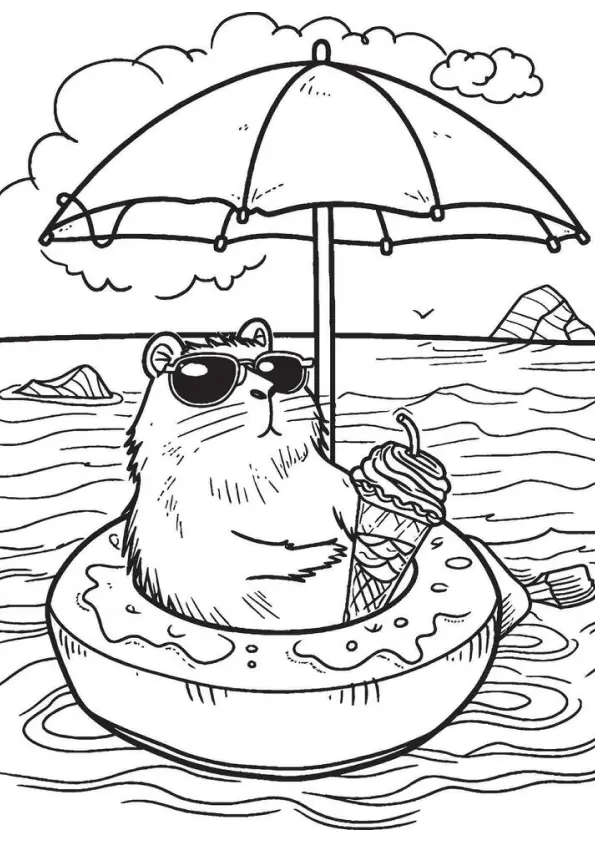 Desenho de contorno de uma capivara sentada em uma boia inflável em formato de donut, segurando um sorvete e usando óculos de sol, sob um guarda-sol no oceano.