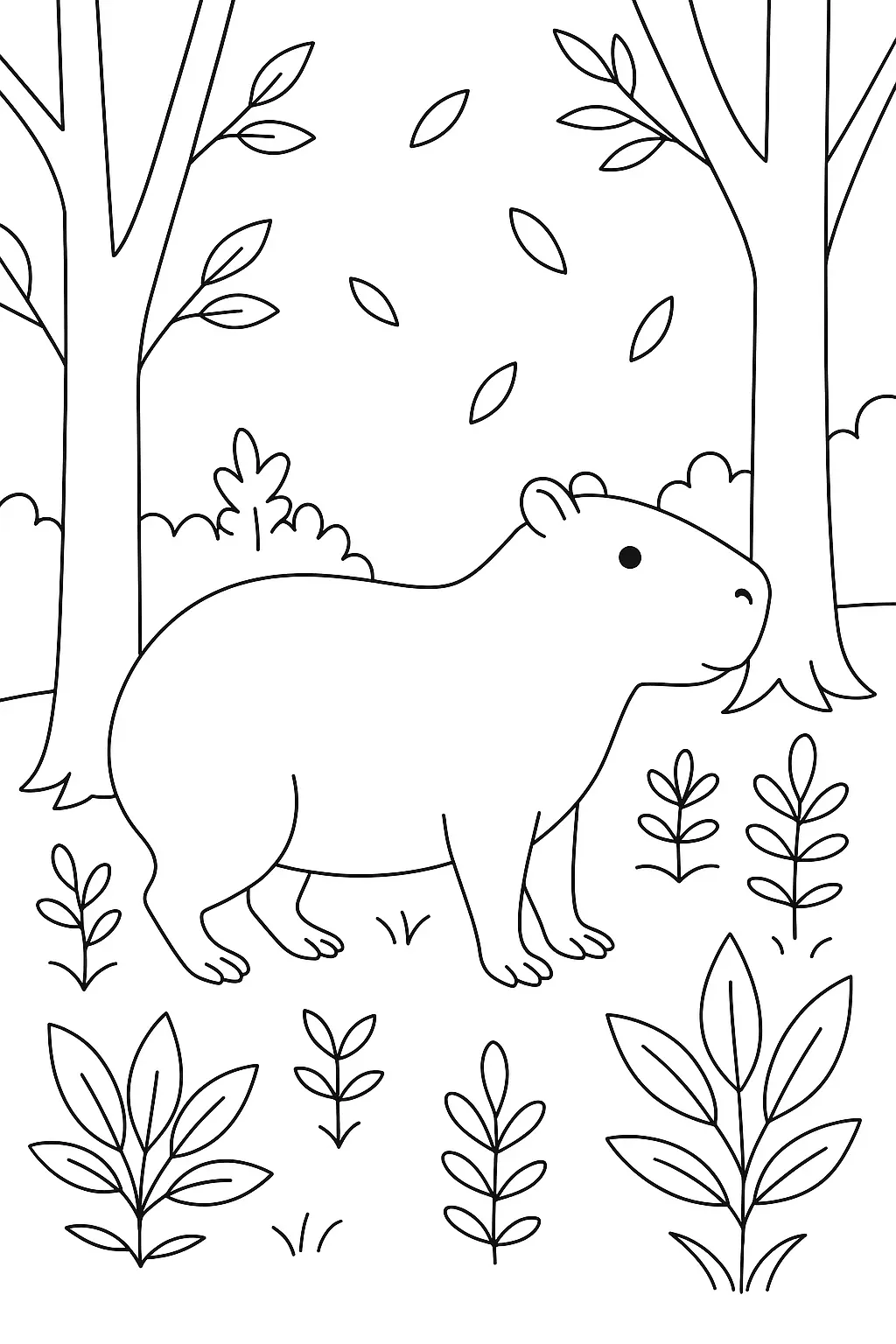 Desenho de contorno de uma capivara caminhando em uma floresta com dois troncos de árvores, arbustos e folhas caindo do céu.