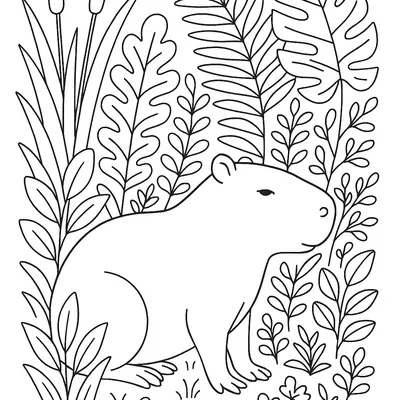 Desenho de contorno de uma capivara de perfil cercada por diversas plantas, folhas de costela-de-adão, taboas e pequenas flores.