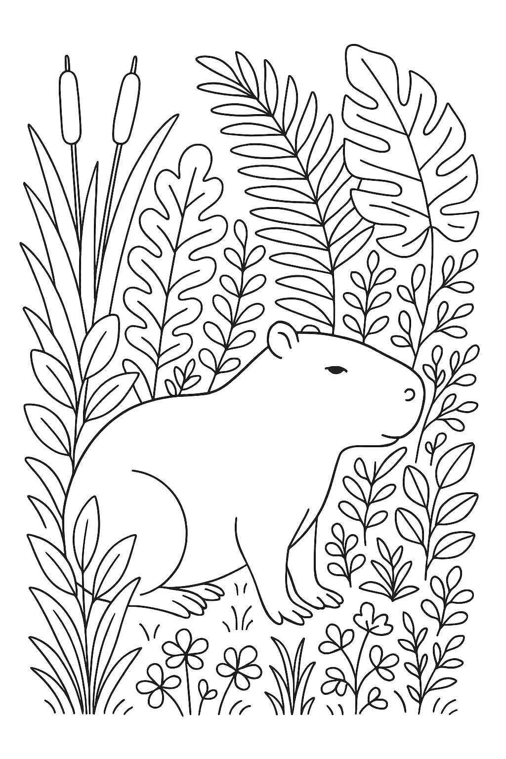 Desenho de contorno de uma capivara de perfil cercada por diversas plantas, folhas de costela-de-adão, taboas e pequenas flores.
