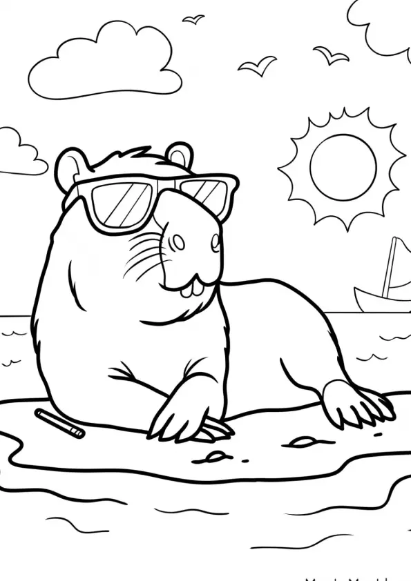 Desenho de contorno de uma capivara deitada na areia da praia usando óculos escuros; ao fundo o mar, um sol com rosto e um pequeno barco à vela.