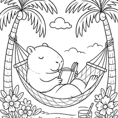 Desenho de contorno de uma capivara deitada em uma rede amarrada em dois coqueiros, lendo um livro, com uma toalha de piquenique, óculos e suco no chão.